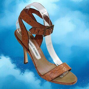 Manolo Blahnik Embossed leather Ankle Wrap Peep Toe Stiletto Sandal, Size 36.5